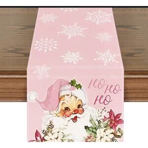 Santa Christmas Table Runner Ho Ho Ho 72" x 13" Pink Poinsettias Pink Hat